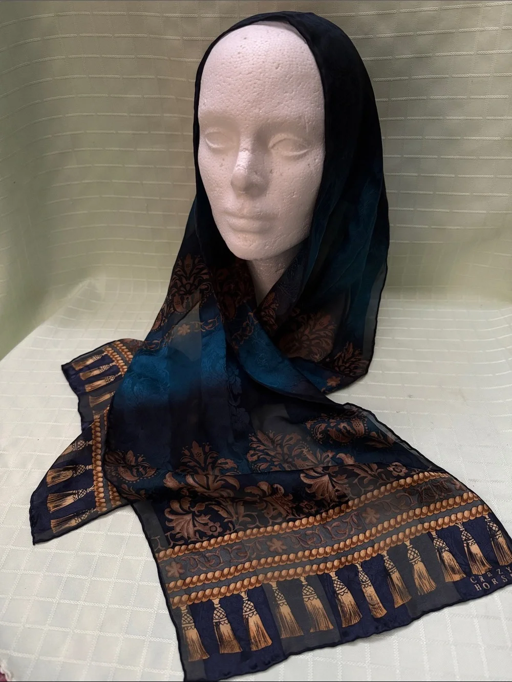 Elegant vintage Blue/Black and Gold Floral Sheer Silk Scarf
